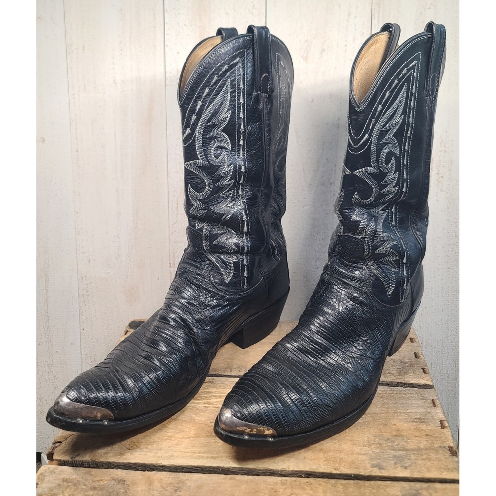 DAN POST 11M Black LIZARD LEATHER Cowboy Boots USA MADE Western Exotic Classic